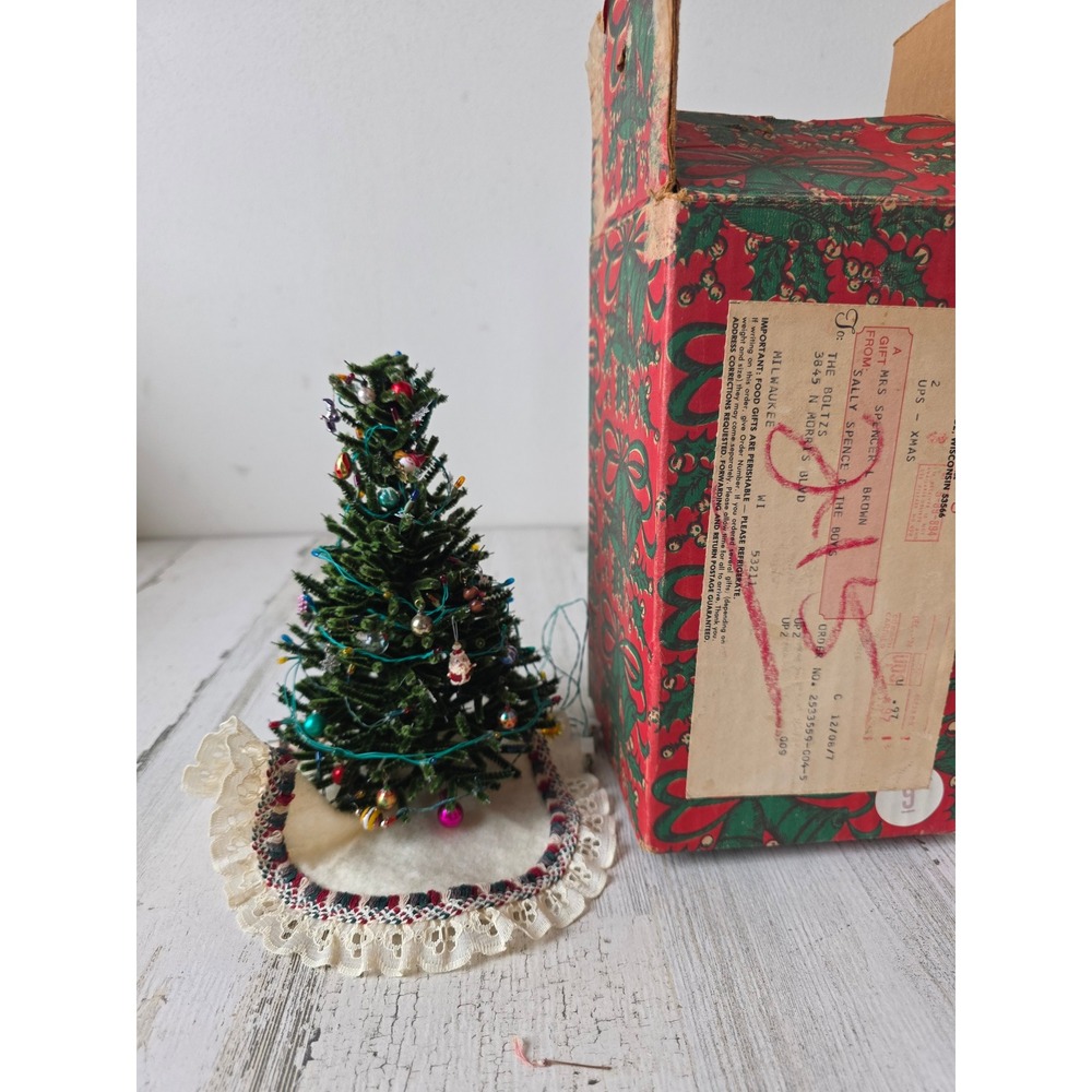 Vintage mini Xmas tree ornaments velvet chenille unique feather village decor